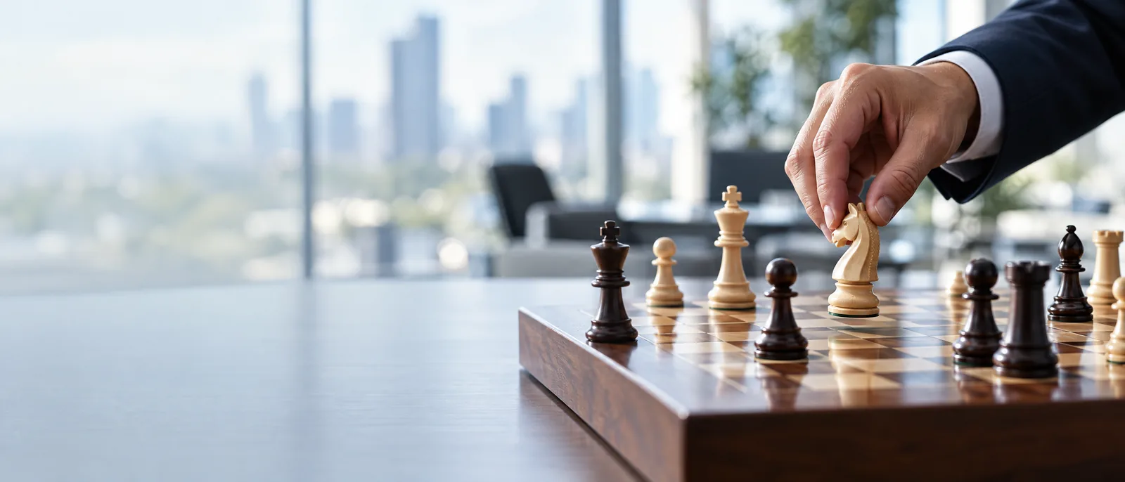 A hand moving a white knight on a chessboard in a bright office above a city skyline.